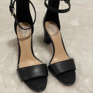 Vince Camuto Corlina Black Leather Ankle-Strap Block Heels